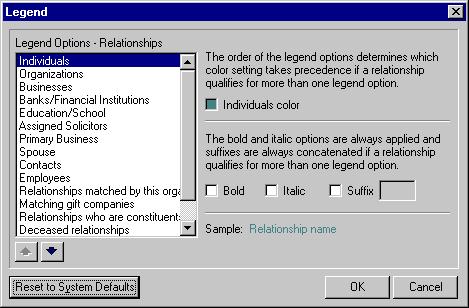RELATIONSHIPS 17 Note: You can also format the Relationship Tree legend on the Color tab in User Options. Your selections for legend displays affect only workstations you enter with your password. 2.