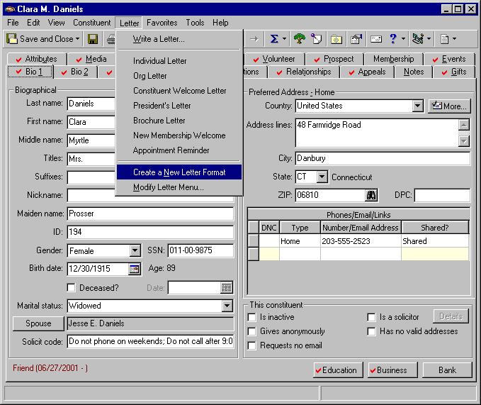196 C HAPTER If you use Microsoft Word, you can create a letter from the Letter menu of an individual or organization constituent record.