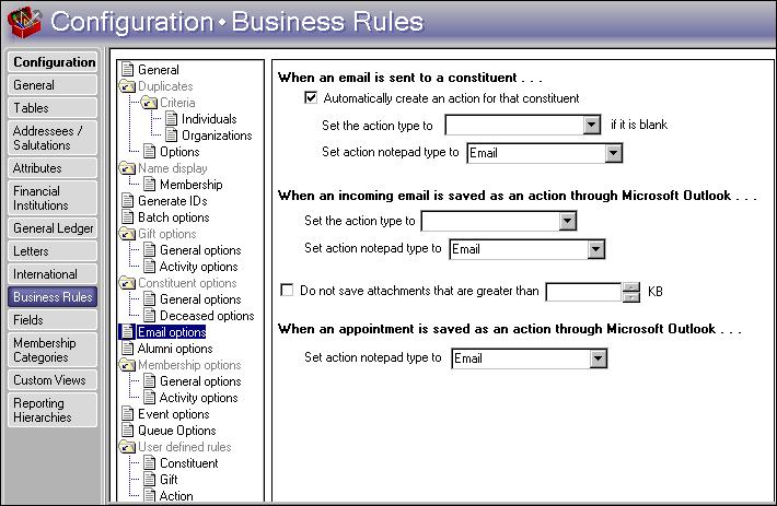 244 C HAPTER Some business rules are specific to action records. If you use Microsoft Outlook, you can send email messages directly to a constituent from the constituent record.