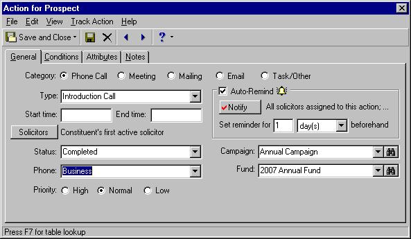 A CTIONS 28 3. Select Phone Call Introduction Call and click Open. The Action screen appears. 4. In the Phone field, select Business. 5. On the toolbar, click Save and Close.