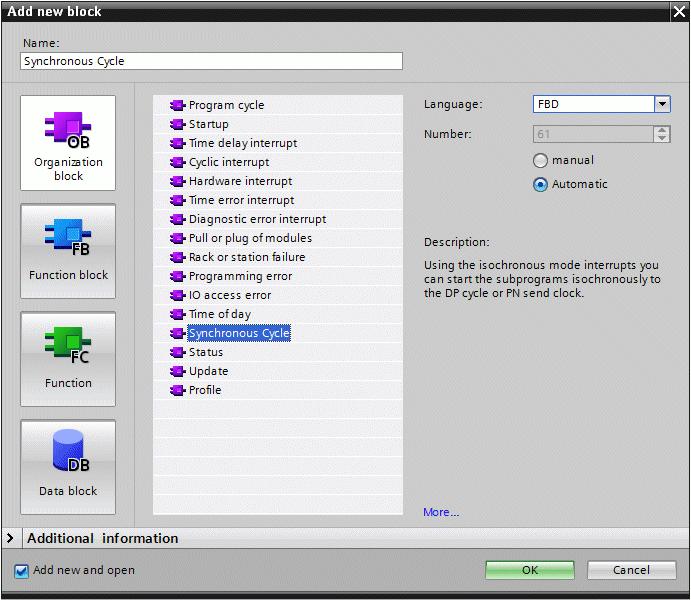 5 Configuration and Settings 5.2 Creating the isochronous PROFINET connection Creating the isochronous OB synchronous cycle.