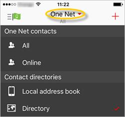 Contacts Contacts Finding someone in the phone book You can access your organisation's phone book using the One Net app.