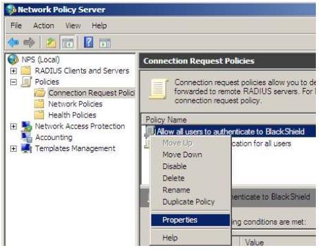 19. Click Next. 20. Click Finish to create the new network policy. 21. Select Connection Request Policies in NPS. 22. Right-click on the policy that was created for SAS and select Properties. 23.
