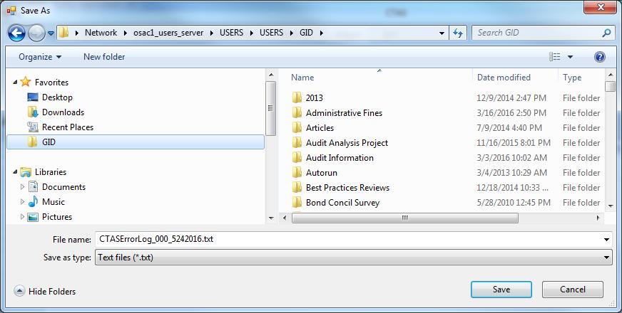 CTAS User Manual 10-20 Administration: Error Log (continued) After clicking the Export