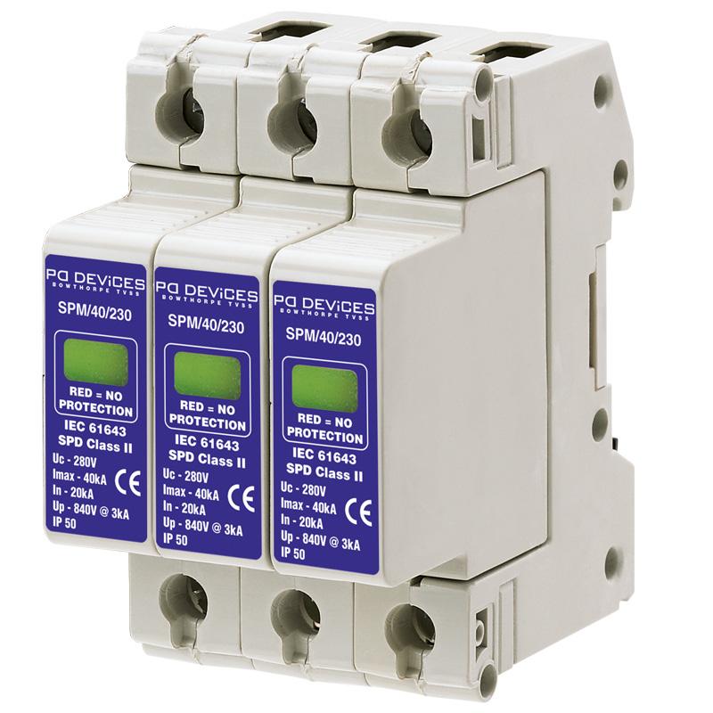 The SPM series of modular surge protection devices provides protection of equipment connected to incoming low voltage AC power supplies against the damaging effects of transient over voltages caused