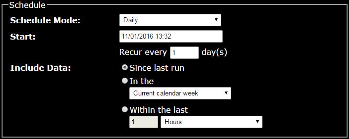 Daily Parameter Start Include Data Description The date and time at which the first report is to be created and the recurrence interval in days.