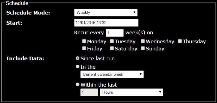 Weekly Parameter Start Include Data Description The date and time at which the first report is to be created and the recurrence interval in weeks.
