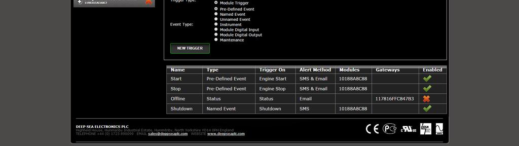 4.3.3 EVENT TRIGGERS (EMAIL AND SMS MESSAGES) NOTE: An Event Trigger only activates if the DSE Controller s event log supports the Event Type used.