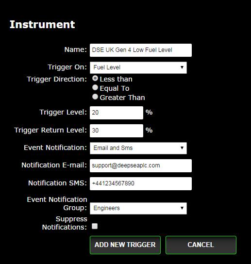 4.3.3.1.5 INSTRUMENT NOTE: To use the Instrunment Event Trigger feature, the DSEGateway device must be configured to upload historic data at a suitable interval.