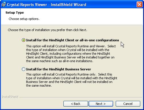 INSTALL CRYSTAL REPORTS RUNTIME AND VIEWER Crystal Reports enables HindSight to generate and display reports. For All-in-One Configurations, Crystal Reports Runtime and Viewer must be installed.