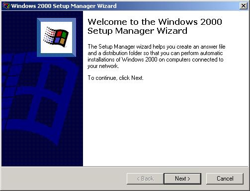 Using Setup Manager to Create Answer Files 49 FIGURE 2.5 The Welcome to the Windows 2000 Setup Manager Wizard dialog box 3. The New or Existing Answer File dialog box appears, as shown in Figure 2.6.