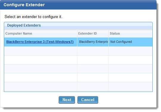 The Configure Extender window contains several fields that are related to your BlackBerry Enterprise Server deployment. The settings for these fields must be provided by your BlackBerry administrator.