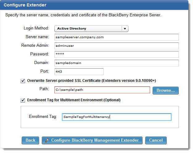 2. If you manage more than one BlackBerry Enterprise Server, check Enrollment Tag for Multitenant Environments and enter a tag to assign to this BlackBerry Management Extender.