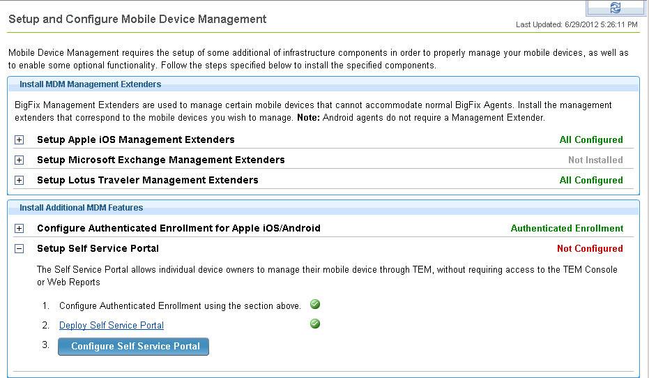 From the Setup and Configuration wizard, you can install ios, Microsoft Exchange, and Lotus Traveler management extenders, as well as additional MDM features, such