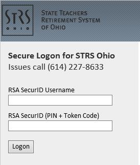 In the RSA SecurID Username field, enter your STRS Ohio Username if blank. 4. In the RSA SecurID (PIN + Token Code) field, enter the 6-digit authentication code from your RSA token. 5.