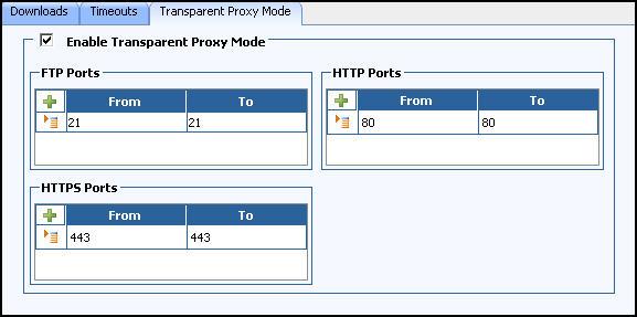 Figure 3: Proxy Configuration for Transparent Mode Another way of achieving user transparency is by including a firewall rule which uses destination NAT for all HTTP and HTTPS (and possibly FTP)