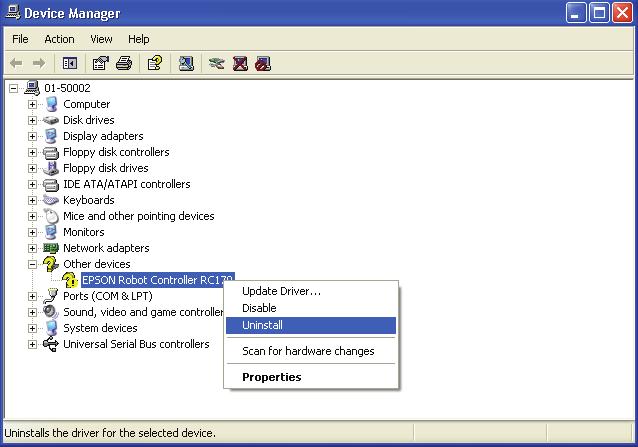 8.2.2 When recognized under Other devices in Windows Device Manager If EPSON Robot Controller RC170 is recognized under Other devices in the Windows device manager as shown in the following dialog,