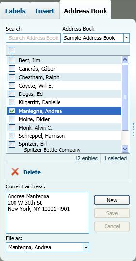 Tour DYMO Label v.8 Address Book Tab The Address Book tab displays a list of all the contacts in the current Address Book.