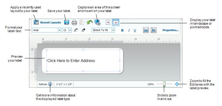 Print Area A preview of your label Edit Area - LabelWriter Label The features available in the Edit are vary, depending on the