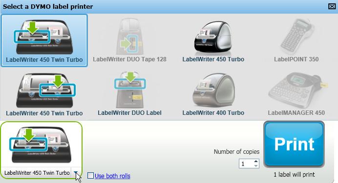 Printing Labels To choose a printer 1. Click the printer image in the Print area. All the label printers that are installed on your computer are displayed.