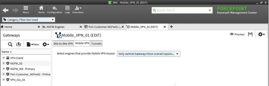 4. On the Mobile VPN tab we can use Only Central Gateways from overall topology