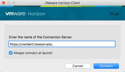 9. The VMWare Horizon Client screen will appear. Click New Server to add the Towson University Virtual Workspace server name.