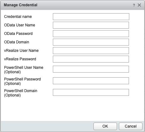 6. In the Manage Credential dialog that appears: Enter an appropriate name for the credential instance in the Credential name text box. Enter the OData User Name, Password, and Domain.