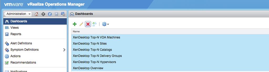 1 Deleting existing XenDesktop dashboards within vrealize Operations If you do not remove the dashboards from a previous version of the Management Pack before upgrading, you will see duplicate
