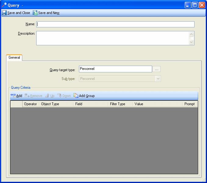 Searching for Personnel Figure 5: Query Editor 7. Type a description for your Personnel Query in the Description field.