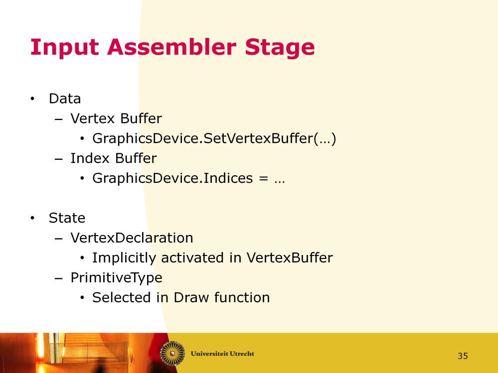 We look at how you can influence each stage in XNA. First the Input Assembler stage. You have to bind the vertex and index buffer it will use.