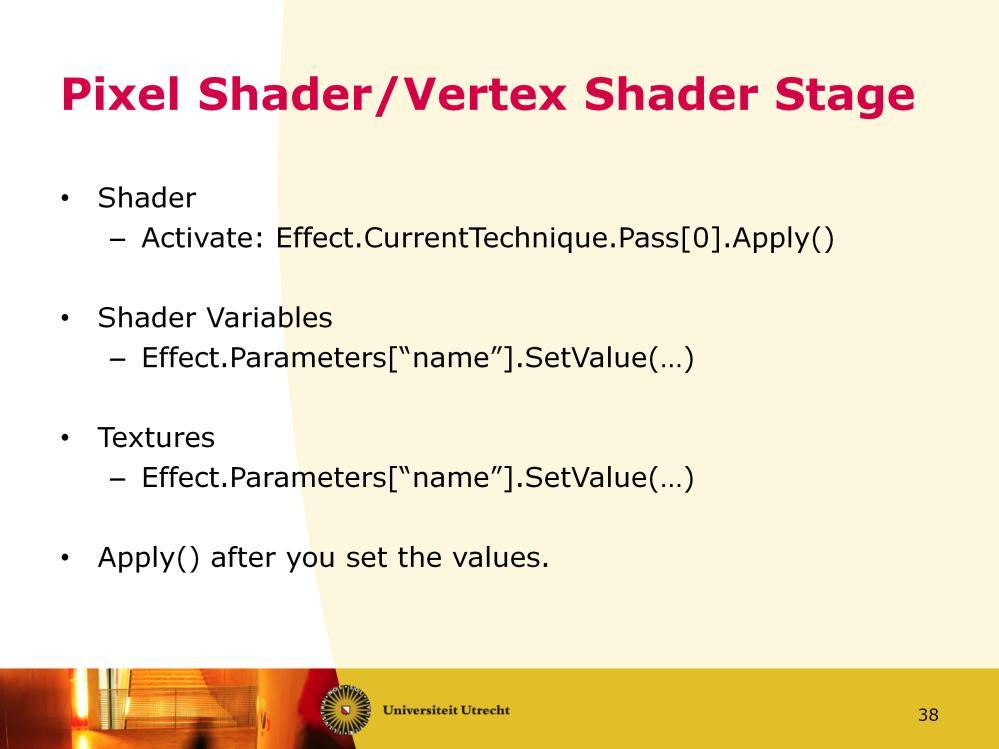 Both the Vertex Shader and Pixel Shader stage are set through an Effect. An Effect can have multiple techniques, which in turn can have multiple passes. A Technique describes a specific way to render.