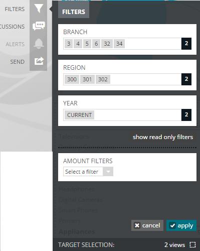 When you have multiple views selected and go to Filters, you see the filters common to the selected views.