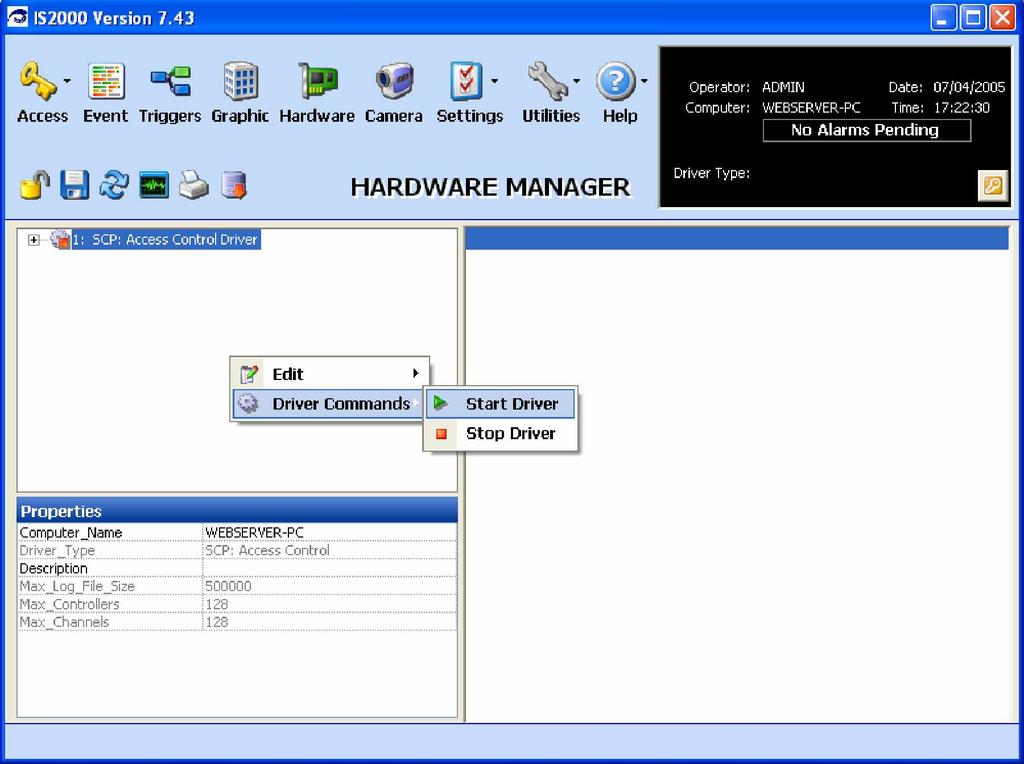 Starting the Driver Figure 8 - Access Control Driver 1. Right click on the Access Control Driver.