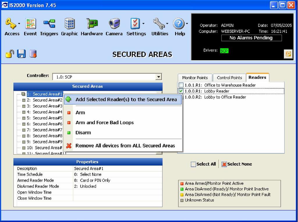 Figure 68 shows that the Lobby Reader has been assigned to Secured Area#1. As usual, notice the - to the left of Secured Area#1, which indicates that at least one device has been assigned to it.
