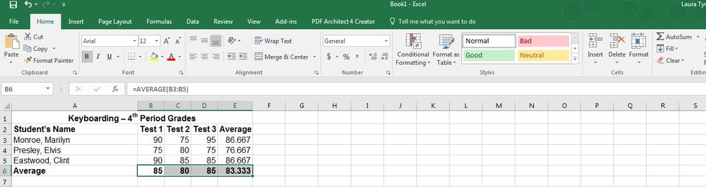 6 Drag through cell E5 7 Excel will automatically fill in averages for Cells E4 and E5.