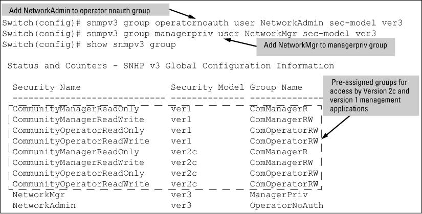 Figure 109 Assigning users to groups [no] snmpv3 group Assigns or removes a user to a security group for access rights to the switch.
