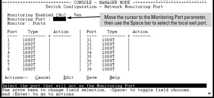 Procedure 1 1. From the Main Menu, select: 1. Switch Configuration... 3. Network Monitoring Port Figure 159 The default network mirroring configuration screen 2.