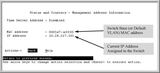 NOTE: The Base MAC address is used by the first (default) VLAN in the switch. This is usually the VLAN named "DEFAULT_VLAN" unless the name has been changed (by using the VLAN Names screen.