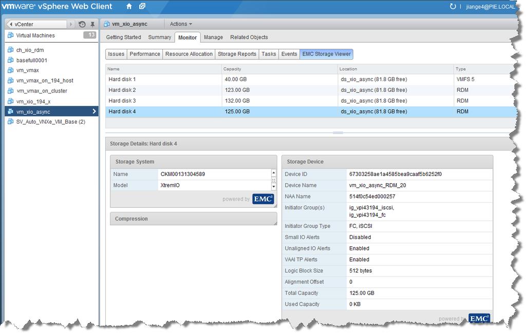 Managing XtremIO Storage Systems Using VSI Viewing XtremIO RDM volume properties 1. Click Home > vcenter > Inventory List > Virtual Machines. 2.