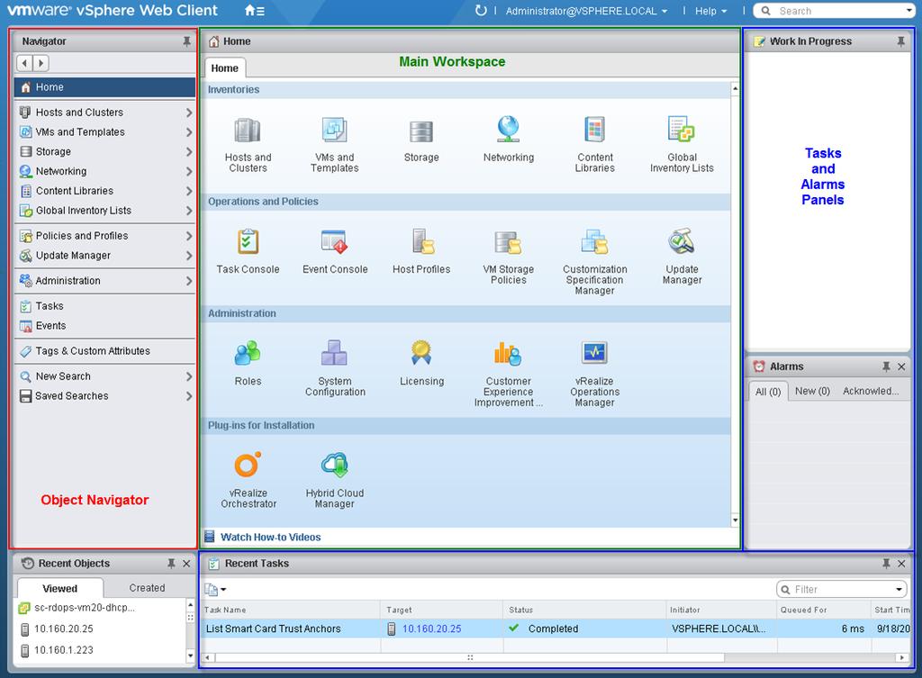 Overview of the vsphere Web Client User Interface Layer Components The user interface layer of the vsphere Web Client contains all of the Flex objects, such as data views, toolbars, and navigation