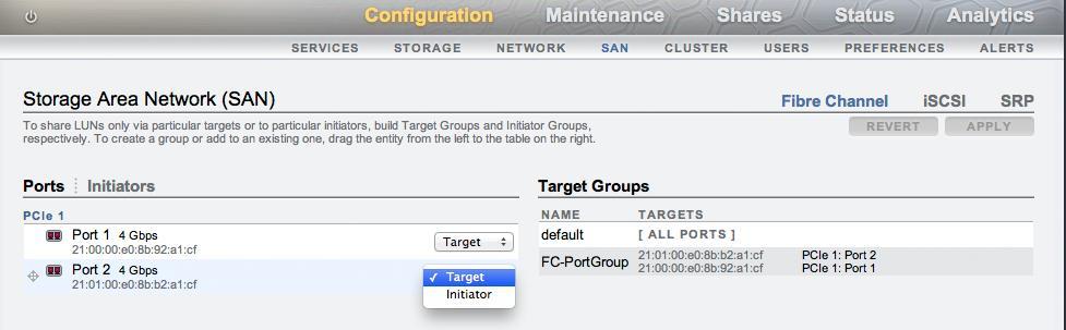 In the Oracle ZFS Storage Appliance, at least one FC PCIe card must be installed with one port enabled in target mode.
