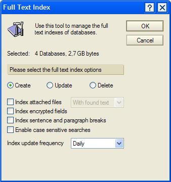 1. Open the Domino Administrator. 2. Select the mail databases you want to index (using Ctrl+click). 3. Right-click one of the databases, and select Full Text Index... 4.