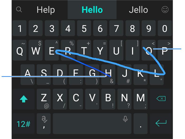 If word prediction is disabled, touch to enter the left letter on the key. Double-tap to enter the right letter/symbol on the key.