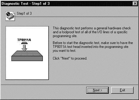 The Diagnostic Test Dialog Box The diagnostic test also performs a foolproof test of all of the I/O lines of a specific programming site.