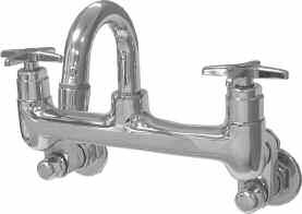 P0 Sink Fitting W/ Gooseneck, Short P0 Specification: Commercial grade wall mount, short supply sink fitting with rigid gooseneck spout featuring colour indexed metal cross handles, Dial-ese