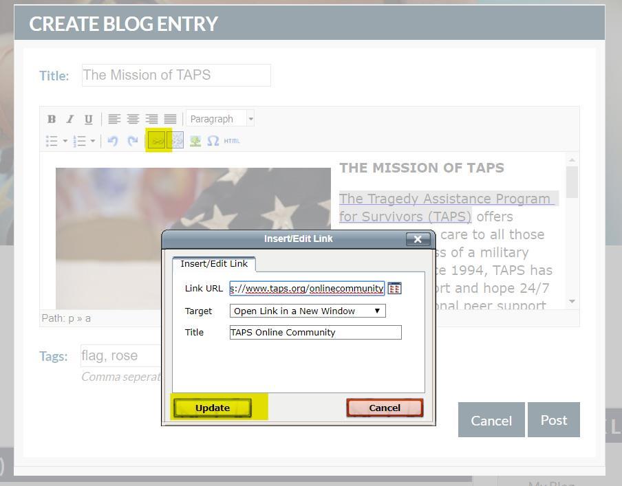 16 Post the blog BLOGS - Blog Entry Editor Insert Hyperlink To insert a hyperlink: Highlight link text in the