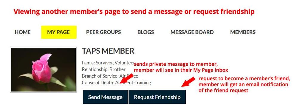 MEMBERS Request/Approve Friendship Selecting a thumbnail or display name on the Members page