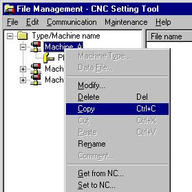 The Machine name input screen can also be displayed by selecting <(registered-cnc-name)> (<Type/Machine name> <Machine_A> on the sample screen) in the configuration tree then choosing [Edit] then