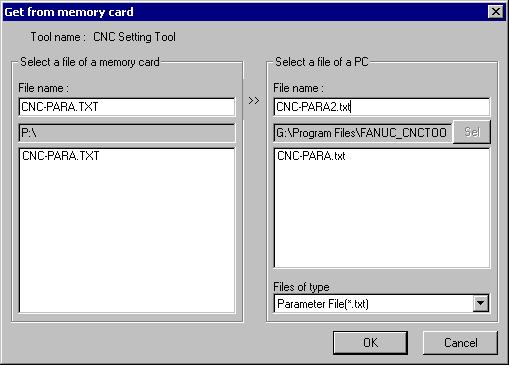 Setting item (List box) Tools File of a memory card File name with a PC Specifies the file which you want to get from the memory card and its file name to register in a personal computer.
