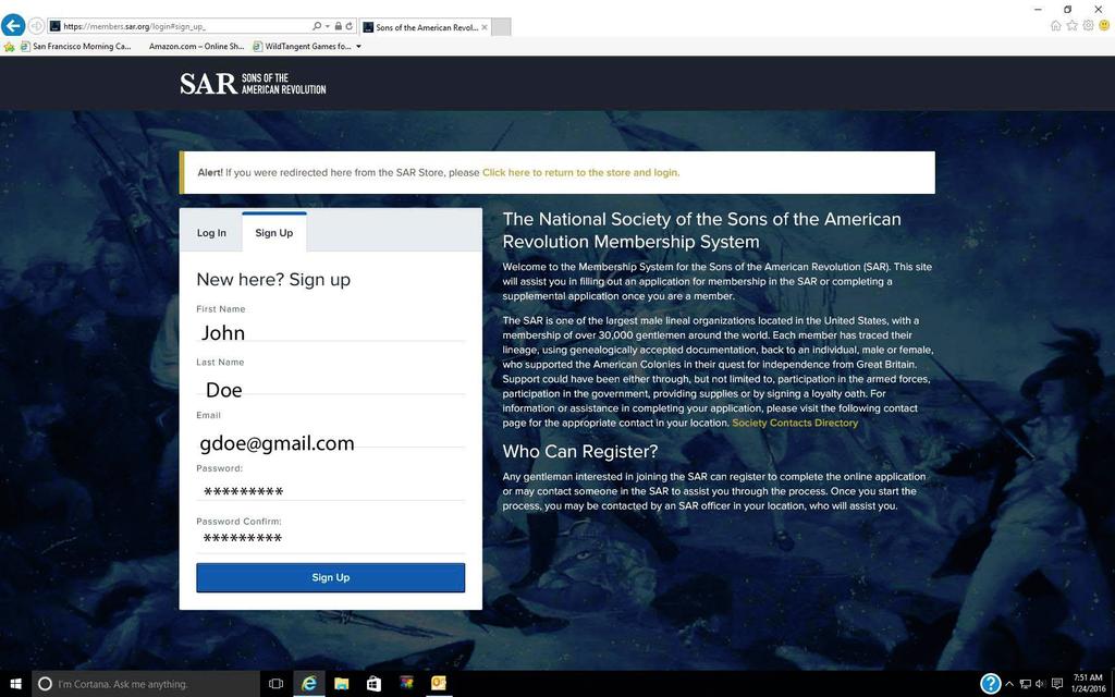 To create a new account so you can prepare membership applications or register for SAR events, you must first sign up. Click on the Sign Up tab on the screen above and this screen will appear.